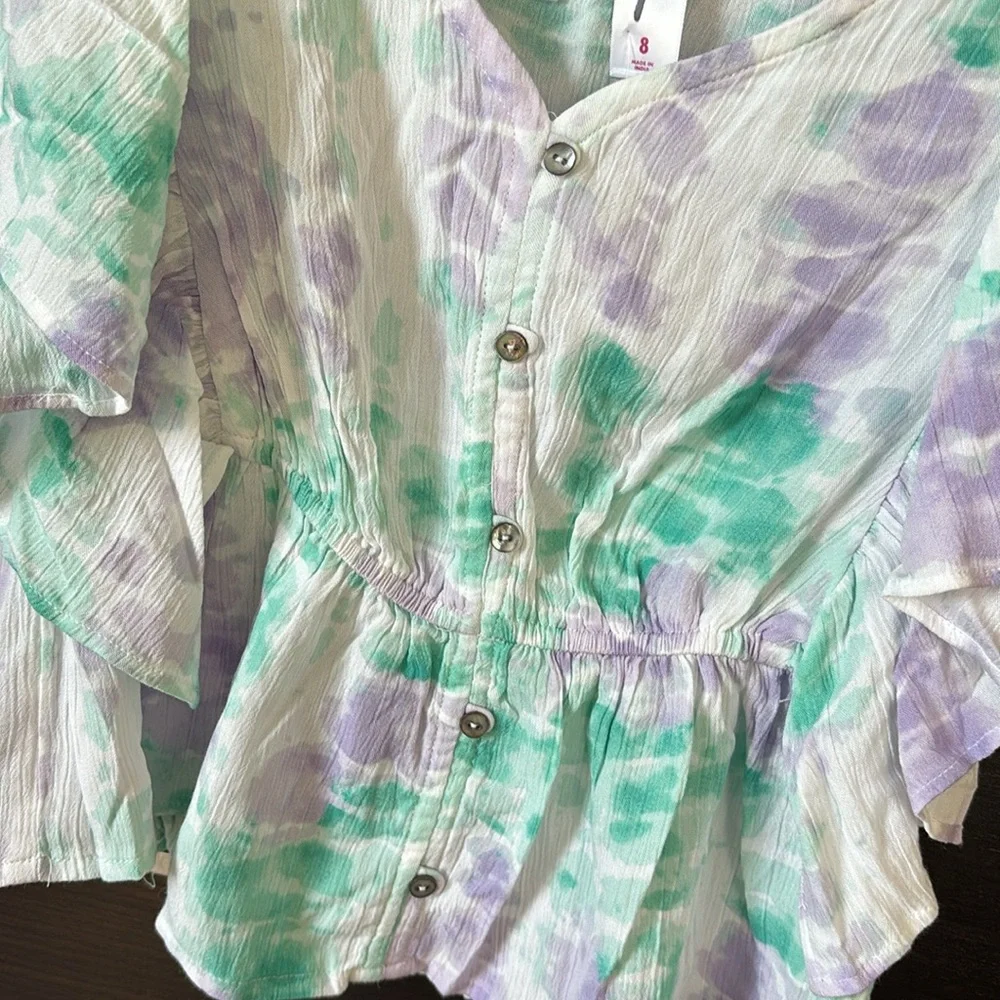 Justice Girls White Purple and Green Short Sleeve Ruffle Detailing Top